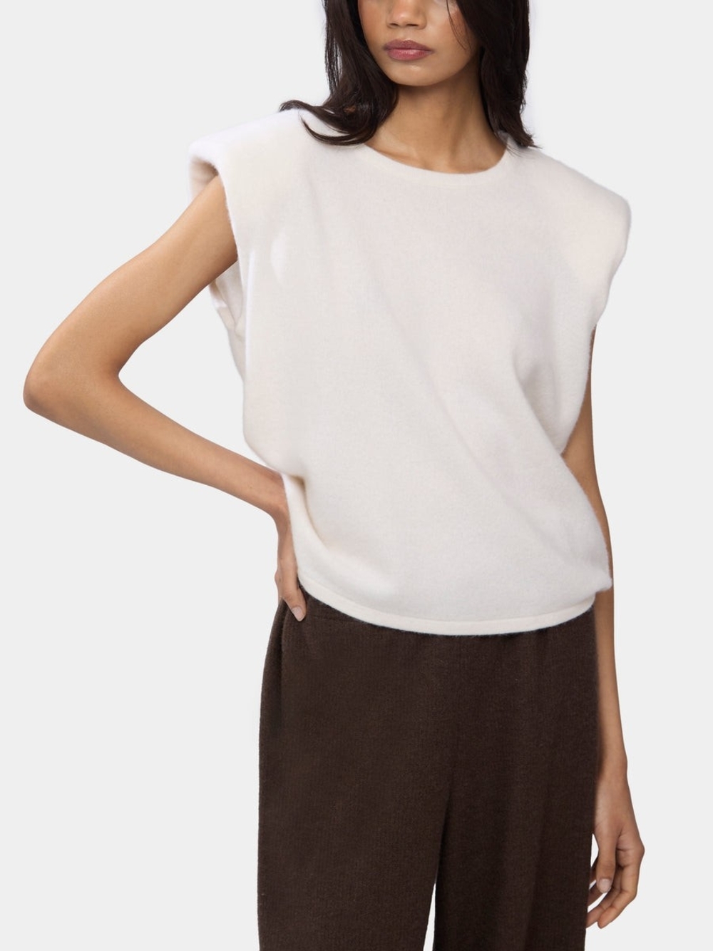 Padded-Shoulder Sleeveless Cashmere Tank Top